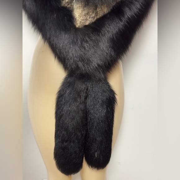 Vintage Black Mink Arctic Fox Fur Shawl Oversized Gold Trim Adjustable Stole - Picture 2 of 16